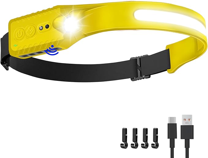 Rechargeable LED Headlamp, 400 Lumens, 230° Wide Beam, USB-C, IPX4, 5 Modes — Lightweight, Adjustable Headband; Hard Hat Clips for Camping, Hiking, Running, Repairs & Gift (1, Yellow)