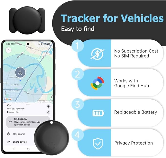 Tracker for Vehicles, Works with Google Find Hub(Android Only), Easily Find, Encrypted Location Data, Magnetic Hidden Car Tracker, No Monthly Fee Or Subscription, No SIM Required