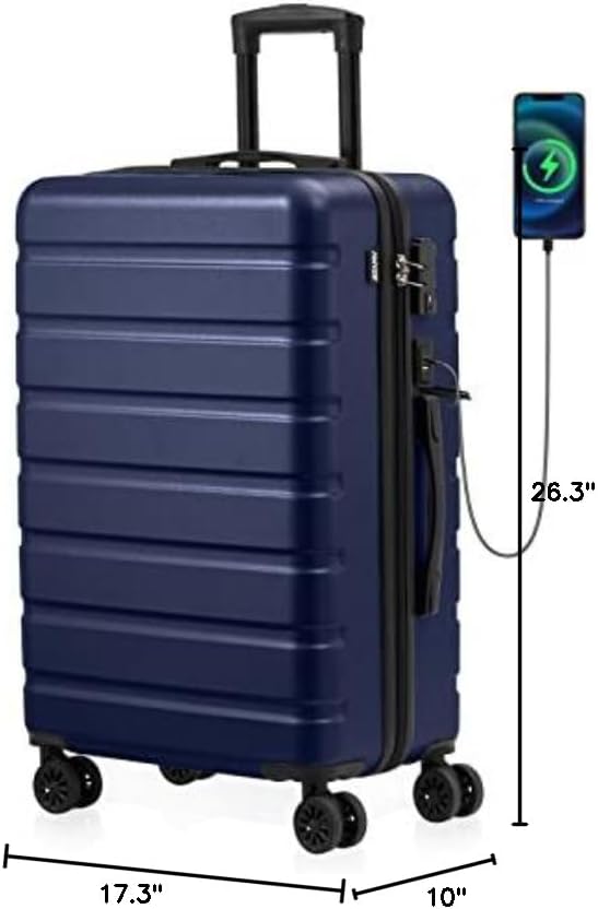 AnyZip Suitcase Hardside PC ABS Lightweight USB Luggage with Wheels TSA Lock Checked-Medium 24 Inch DarkBlue