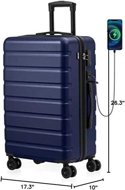AnyZip Suitcase Hardside PC ABS Lightweight USB Luggage with Wheels TSA Lock Checked-Medium 24 Inch DarkBlue