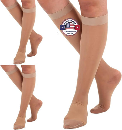 (3 Pairs - Closed Toe) Made in USA - Sheer Compression Stockings for Women 15-20mmHg - Womens Compression Socks for Circulation during Travel, Airplane, Sport, Athletic - Natural, X-Large - A101NA4-3