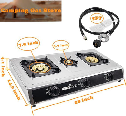 3 Burners Propane Gas Cooktop,Camping Portable LPG Gas Stove, Auto Ignition Stainless Steel Countertop with regulator and burner grate