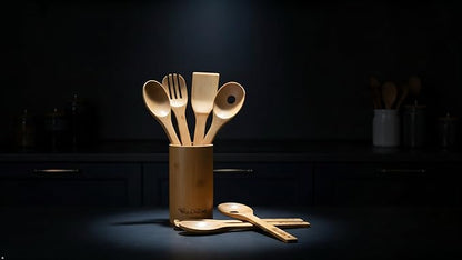 8-Piece Bamboo Utensil Set with Holder, Premium Non-Scratch Bamboo Cooking Utensils for Nonstick Cookware, Water-Resistant, BPA-Free, Eco-Friendly Kitchen Tools
