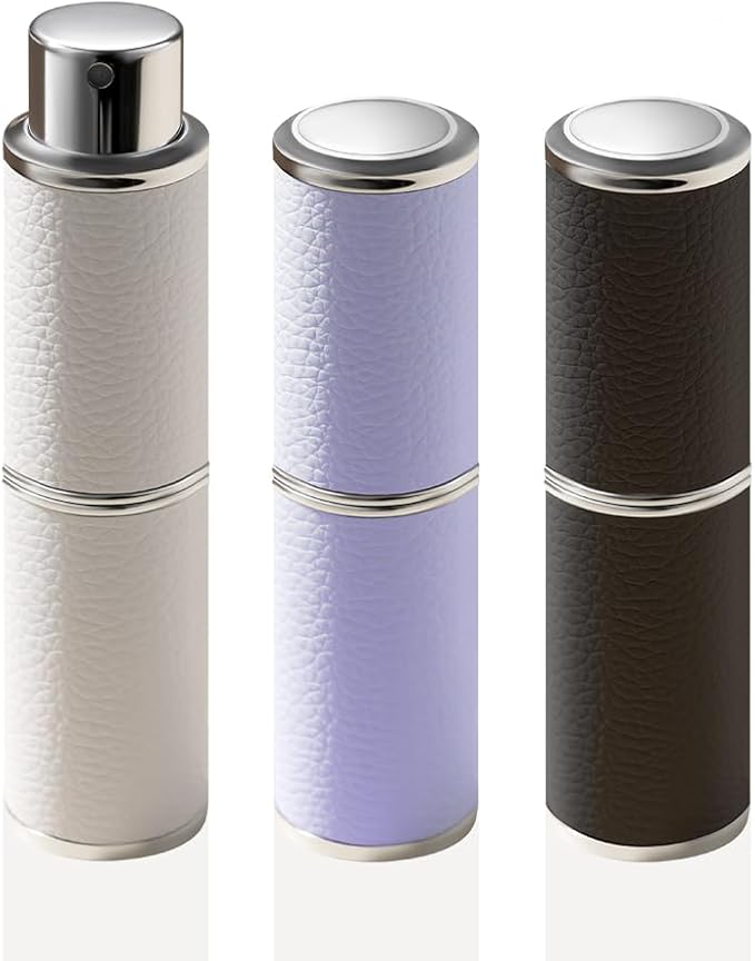 Perfume Atomizer, Rotary-Lift Nozzle, Cap-Free, Leather Refillable Spray Bottle, High-end Portable Dispenser, Travel Size TSA Approved 0.27oz/8 ml(White Purple Black)