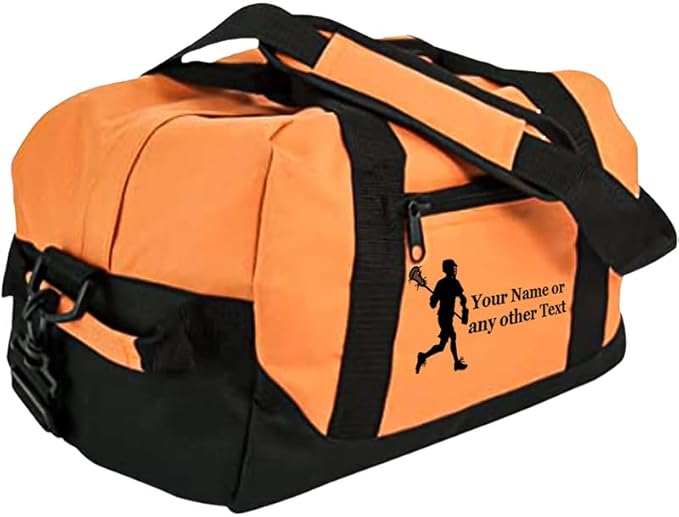 Personalized Passion 14” Small Sports Duffel Bags for Kids - Waterproof Travel Duffle with Name & Lacrosse Design - Orange Two-Toned Kids Weekender Bag for Boys and Girls