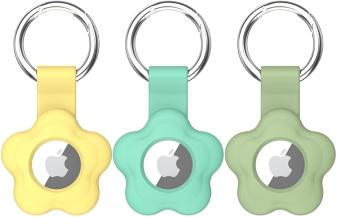 MC Fashion 3 Pack AirTag Holder for AirTag, Cute Flower Soft Silicone Protective Keychain Cover for Kids, Pets, Backpacks (Yellow+Mint+Matcha Green)