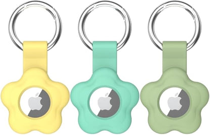 MC Fashion 3 Pack AirTag Holder for AirTag, Cute Flower Soft Silicone Protective Keychain Cover for Kids, Pets, Backpacks (Yellow+Mint+Matcha Green)