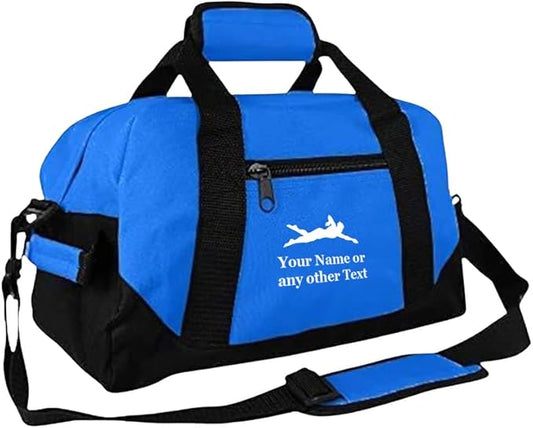 Personalized Passion 14” Small Sports Duffel Bags for Kids - Waterproof Travel Duffle with Name & Swimming Design - Royal Blue Two-Toned Kids Weekender Bag for Boys and Girls