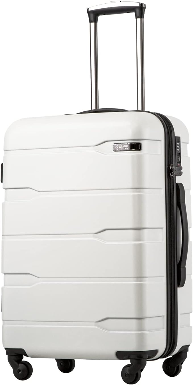 Coolife Luggage PC+ABS Hardshell Suitcase with TSA Lock, Spinner Checked Lightweight (White, 24in)