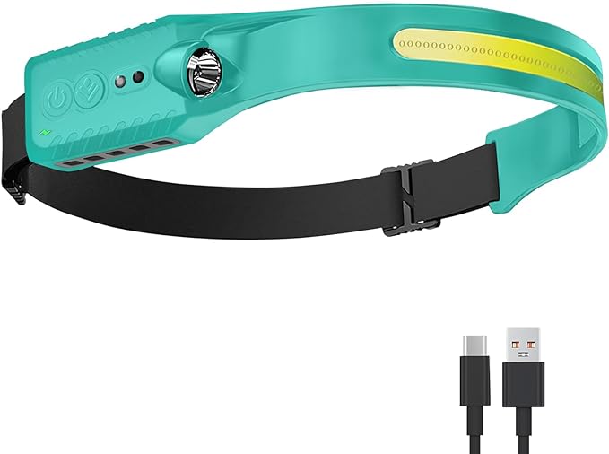 Rechargeable LED Headlamp (Blue), 400 Lumens, 230° Wide Beam, USB-C, IPX4, 5 Modes — Lightweight, Adjustable Headband; Hard Hat Clips for Camping, Hiking, Running & Repairs, Gift