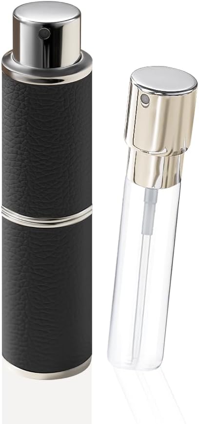 Perfume Atomizer, Rotary-Lift Nozzle, Cap-Free, Leather Refillable Spray Bottle, High-end Portable Dispenser, Travel Size TSA Approved 0.27oz/8 ml (Black)