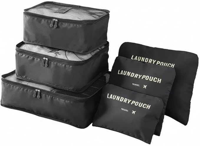 6-Piece Travel Packing Cubes Set - Luggage Organizer Bags with Mesh & Solid Pouches - Waterproof & Dustproof Storage for Clothes & Essentials (Black)