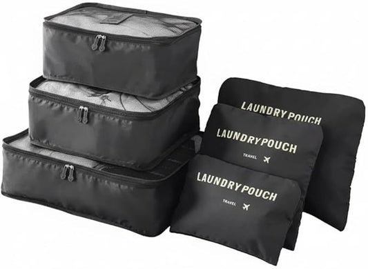 6-Piece Travel Packing Cubes Set - Luggage Organizer Bags with Mesh & Solid Pouches - Waterproof & Dustproof Storage for Clothes & Essentials (Black)