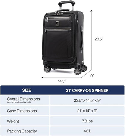 Travelpro Platinum Elite Softside Expandable Carry on Luggage, 8 Wheel Spinner Suitcase, USB Port, Suiter, Men and Women, Shadow Black, Carry On 21-Inch