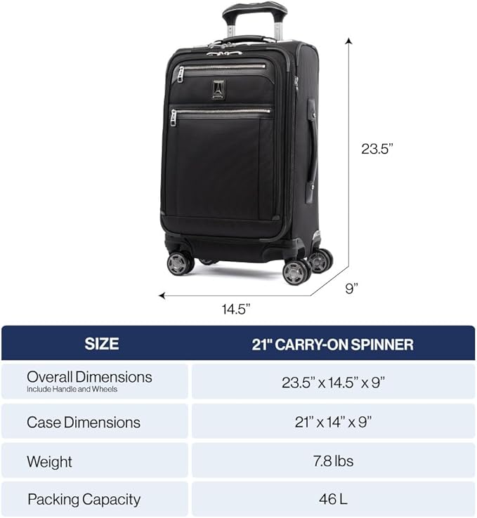 Travelpro Platinum Elite Softside Expandable Carry on Luggage, 8 Wheel Spinner Suitcase, USB Port, Suiter, Men and Women, True Navy Blue, Carry On 21-Inch