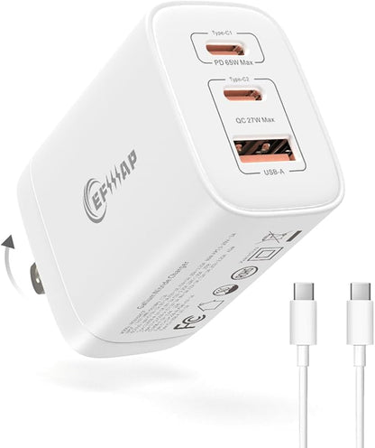 65W USB C Charger Block, 3-Port Foldable Type c Fast Charging for MacBook Air MacBook Pro 14 15 16 17, iPhone 17/16/15/14, Galaxy S25/S24/S23, iPad, AirPods & More(1Pack with Cable)