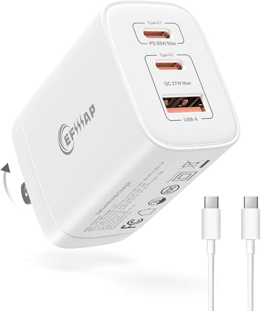 65W USB C Charger Block, 3-Port Foldable Type c Fast Charging for MacBook Air MacBook Pro 14 15 16 17, iPhone 17/16/15/14, Galaxy S25/S24/S23, iPad, AirPods & More(1Pack with Cable)