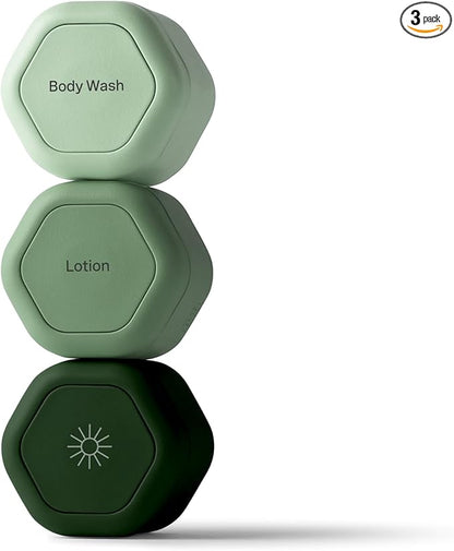Cadence Travel Containers - Body Care Capsule Set - Magnetic Containers with Lids,Carry On Travel Essentials for Women/Men - 3 Flex Mediums (1.32oz) - Body Wash, Lotion & Sun Icon Labels - Evergreen