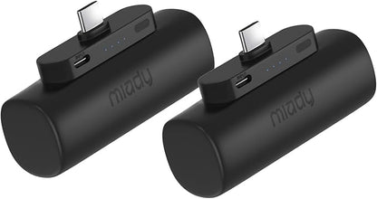 Miady 2-Pack 5000mAh Mini Portable Charger with Built-in Type C Connector, 5V 2.4A USB-C Output Fast Charging Small Power Bank Compatible with iPhone 17/16 Galaxy S24/S22 iPad (2 Black)
