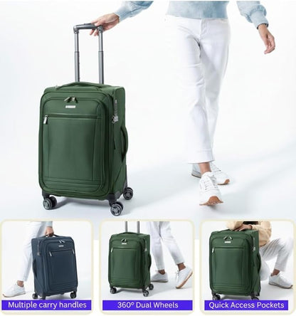 Ricardo Beverly Hills Avalon Softside 3-Piece Luggage Set Made with Sustainable 100% Recycled PET (rPET), Lightweight, Eco-Friendly Travel, Expandable, Dual Spinner Wheels, Juniper Green