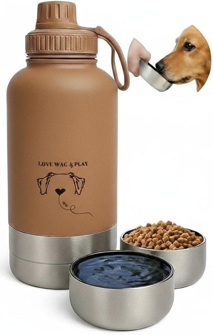 Love Wag & Play Dog Water Bottle Portable – 2 in 1 Stainless Steel Bowl for Food, Water – Leakproof Portable Water Bowl for Dog with Carry Loop – Detachable Design – Ideal for Kibble, Treats (Brown)