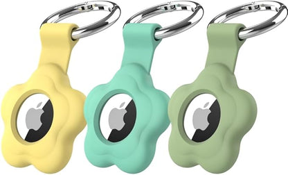 MC Fashion 3 Pack AirTag Holder for AirTag, Cute Flower Soft Silicone Protective Keychain Cover for Kids, Pets, Backpacks (Yellow+Mint+Matcha Green)