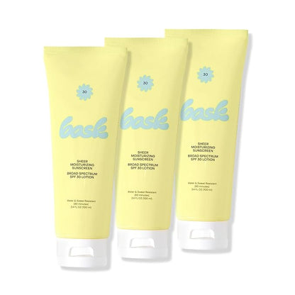Bask Suncare SPF 30 Sheer Moisturizing Sunscreen Lotion - Broad Spectrum UVA/UVB Protection, Dermatologist Recommended, Hydrating, Lightweight & Non-Greasy, Travel Size (Value Pack of 3)