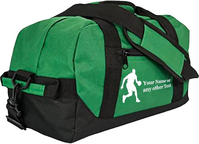 Personalized Passion 14” Small Sports Duffel Bags for Kids - Waterproof Travel Duffle with Name & Basketball Design - Dark Green Two-Toned Kids Weekender Bag for Boys and Girls