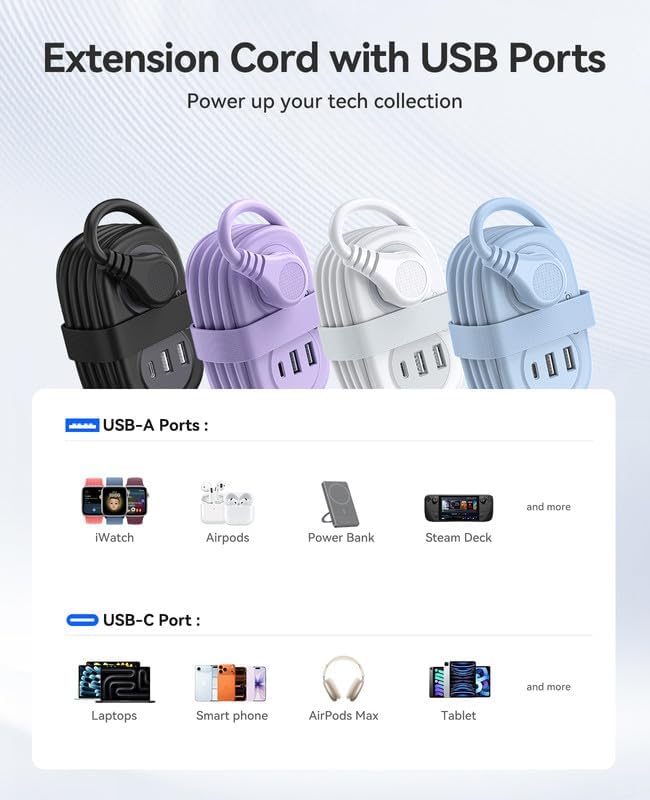 ORICO Travel Power Strip, 3.7FT Small Extension Cord, Portable Power Strip Flat Plug with 2 AC Outlets 3 USB Ports (1 USB C), Multi Plug Extension Cord for Travel, Cruise, Office, Hotels