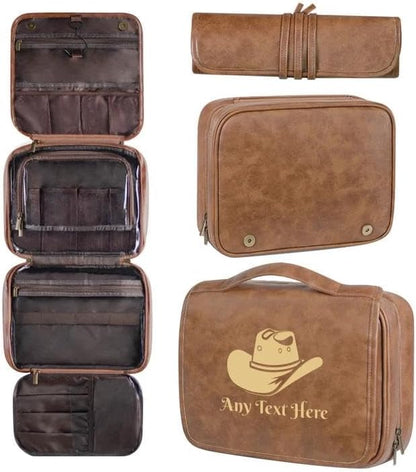 ORYG Customizable 3-in-1 Hanging Toiletry Bag - PU Leather Initial Engraving Storage Pouch - Ideal Gift for Dad, Husband, or Boyfriend (Yellowish brown)