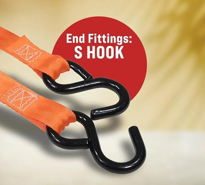 8 Pack Orange Auto Retract NO-RATCHETING Ratchet Straps | 1" x 12' Retractable Ratchet Straps with Zinc Coated S Hook Tiedowns for Motorcycles, ATVs, Bikes, Trailer Tie-Down