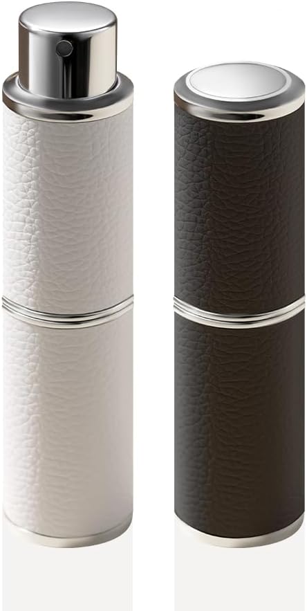 Perfume Atomizer, Rotary-Lift Nozzle, Cap-Free, Leather Refillable Spray Bottle, High-end Portable Dispenser, Travel Size TSA Approved 0.27oz/8 ml (White Black)