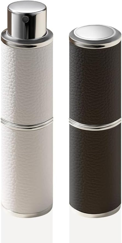 Perfume Atomizer, Rotary-Lift Nozzle, Cap-Free, Leather Refillable Spray Bottle, High-end Portable Dispenser, Travel Size TSA Approved 0.27oz/8 ml (White Black)