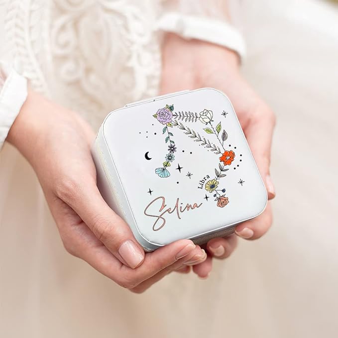 NICEDREAM Personalized Floral Constellation Jewelry Box Custom Name 12 Constellations Travel Jewelry Case Organizer Box for Earrings Rings Necklaces Gift for Women Girls