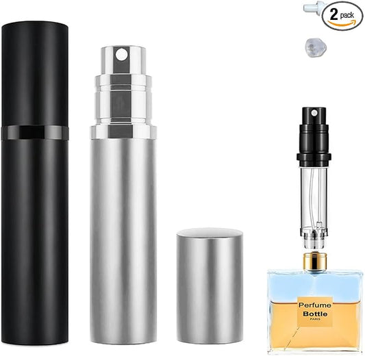 2PCS 5ml Perfume Atomizer Travel Refillable, Bottom-Filling Fragrances Perfumes Bottle, Pocket Atomiser for On the Go (Black & Silver)