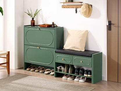 ORRD Shoe Storage Cabinet with 2 Flip Drawers Set of 2, Wood Narrow Shoe Cabinet for Entryway, Fluted Hidden Shoe Organizer, Freestanding Slim Shoes Cabinets for Foyer, Hallway-Green