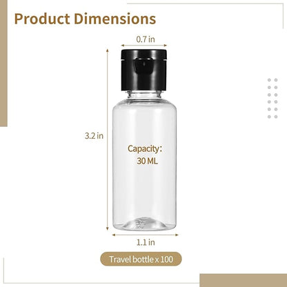 100 PCS 1OZ Travel Bottles with Flip Cap - 30 ml Clear Plastic Travel Size Containers, Portable Leak Proof Squeeze Bottles Refillable Empty Cosmetic Containers for Liquid Shampoo Lotion, Black