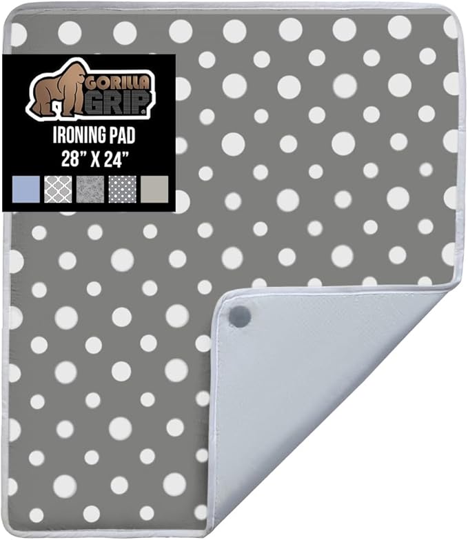GORILLA GRIP Ironing Mat, Portable Iron Pad, Magnetic Cover for Top of Laundry Washer, Dryer, Table Top, Countertop Blanket, Silicone Coating and Scorch Resistant, Travel Size 28x24, Polka Dots