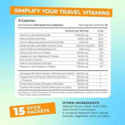 Travel Vitamin Tonic for Flight, Jet Lag, Hydration, Circulation, Digestion & Immune Support, Promotes Calmness, Electrolyte Powder, Travel Essentials, Passion Fruit Tangerine, 15 Sticks