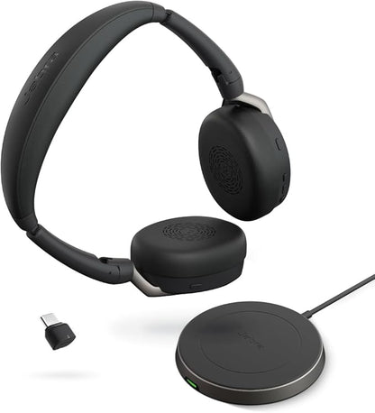 Jabra Evolve2 65 Flex Stereo Headset with Bluetooth, Wireless Charging Pad - Noise-Cancelling ClearVoice Technology & Hybrid Active Noise Cancellation - Certified for Microsoft Teams - Black
