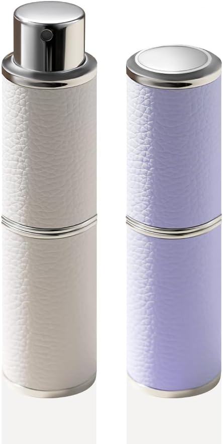 Perfume Atomizer, Rotary-Lift Nozzle, Cap-Free, Leather Refillable Spray Bottle, High-end Portable Dispenser, Travel Size TSA Approved 0.27oz/8 ml (White Purple)