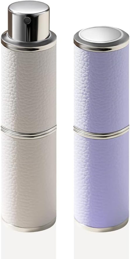 Perfume Atomizer, Rotary-Lift Nozzle, Cap-Free, Leather Refillable Spray Bottle, High-end Portable Dispenser, Travel Size TSA Approved 0.27oz/8 ml (White Purple)