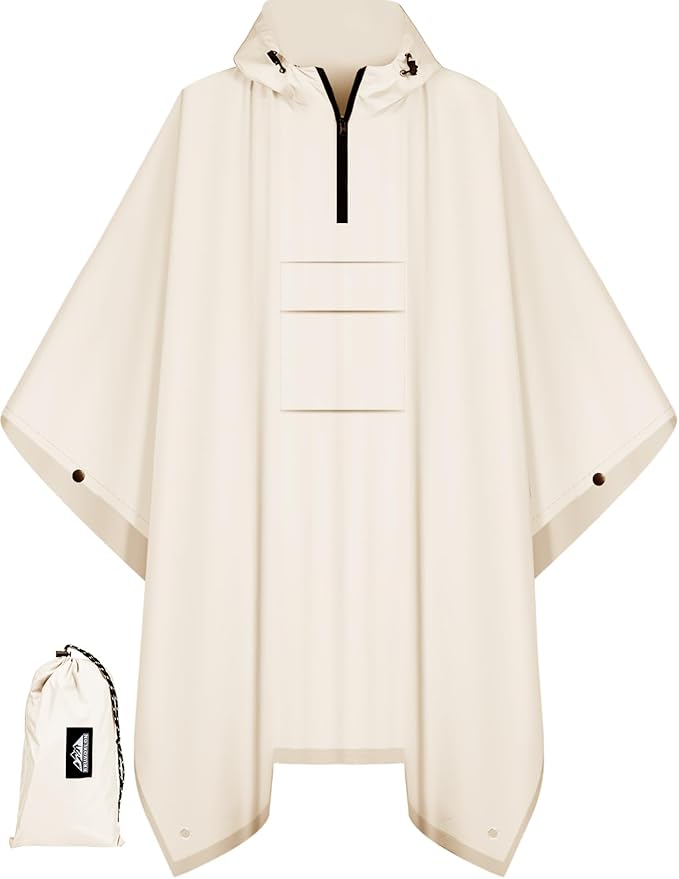 Bruvoalon 3-in-1 Rain Poncho with 1/4 Zip & Chest Pocket, Waterproof, Sunshade, Ground Mat for Adults & Youth Emergency