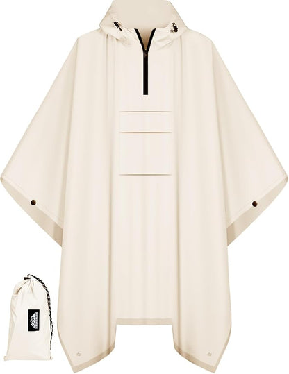 Bruvoalon 3-in-1 Rain Poncho with 1/4 Zip & Chest Pocket, Waterproof, Sunshade, Ground Mat for Adults & Youth Emergency