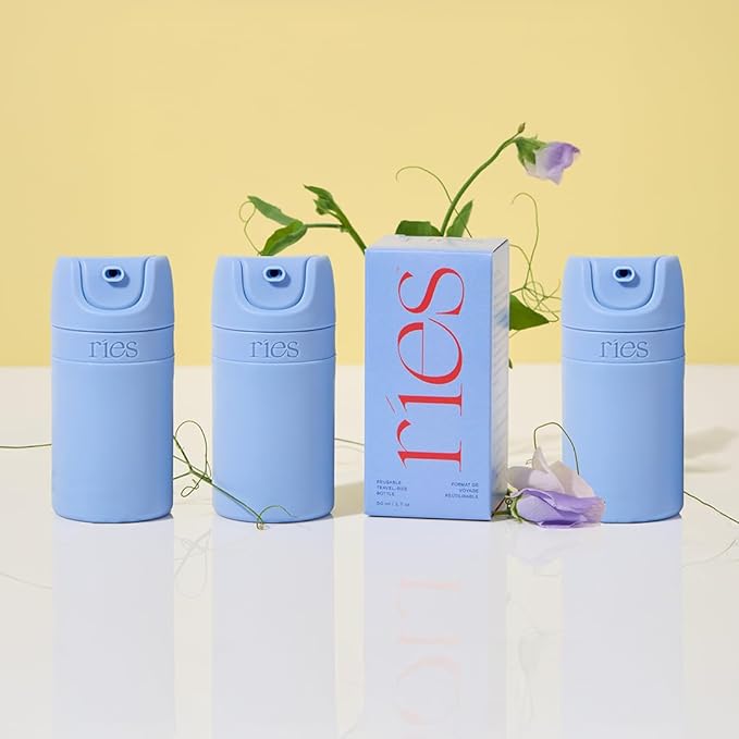 RIES Starter Set Toiletry Travel Bottles – Set of 3 (1.7oz) Airless Pump Containers for Shampoo, Conditioner, Body, Face – Leak-Proof, TSA-Approved, Dishwasher Safe- (Runaway Blue)