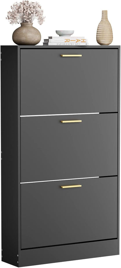JOZZBY Shoe Cabinet Storage with 3 Flip Drawers for Entryway, Black Slim Freestanding Modern Narrow Shoe Organizer Rack Cabinet for Hallway, Living Room