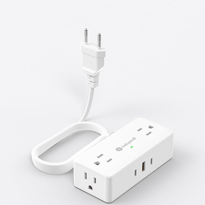 European Travel Plug Adapter, Italy Power Adapter, 4 AC Outlets, 3 USB Ports (2 USB C), 5ft Flat Extension Cord, for Italy Chile Libya