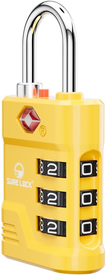 SURE LOCK TSA Locks for Luggage, TSA Approved Luggage Locks with Open Alert, 008 Key for High Security, Easy Read Dials, Zinc Alloy Body, Locker Lock for Suitcase, Gym, Travel. (Yellow 1 pk)