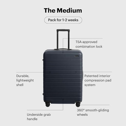 Away Medium Checked Luggage, Lightweight Hard Shell Suitcase with Spinner Wheels, Durable Rolling Luggage, TSA Lock, 26 Inch, Navy Blue