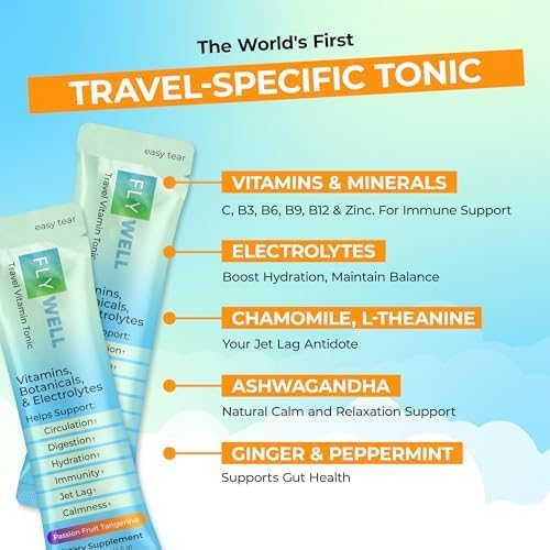 Travel Vitamin Tonic for Flight, Jet Lag, Hydration, Circulation, Digestion & Immune Support, Promotes Calmness, Electrolyte Powder, Travel Essentials, Passion Fruit Tangerine, 15 Sticks